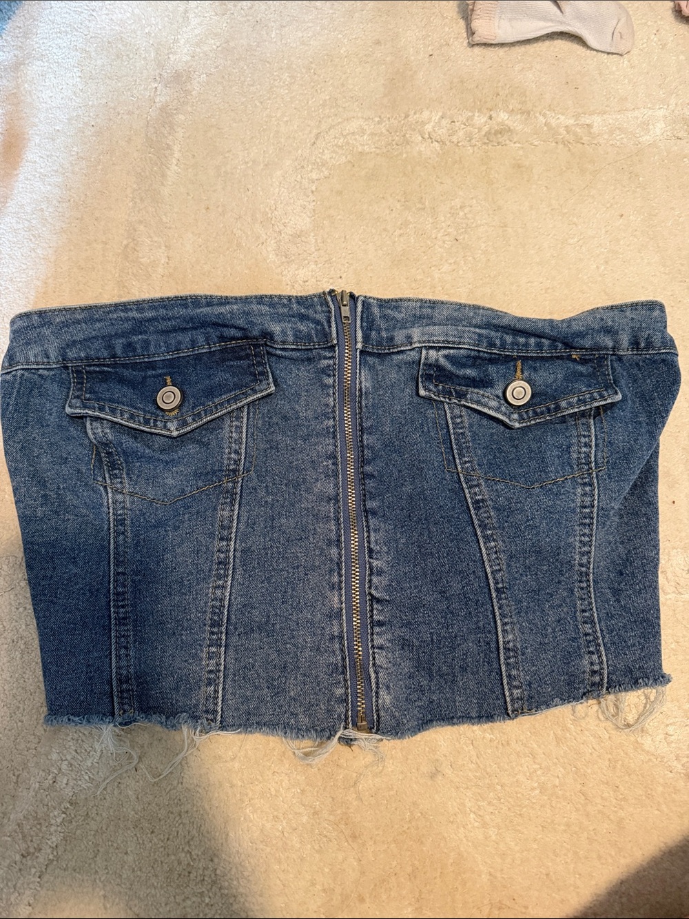 Denim Strapless Corset Top in Medium Wash Blue